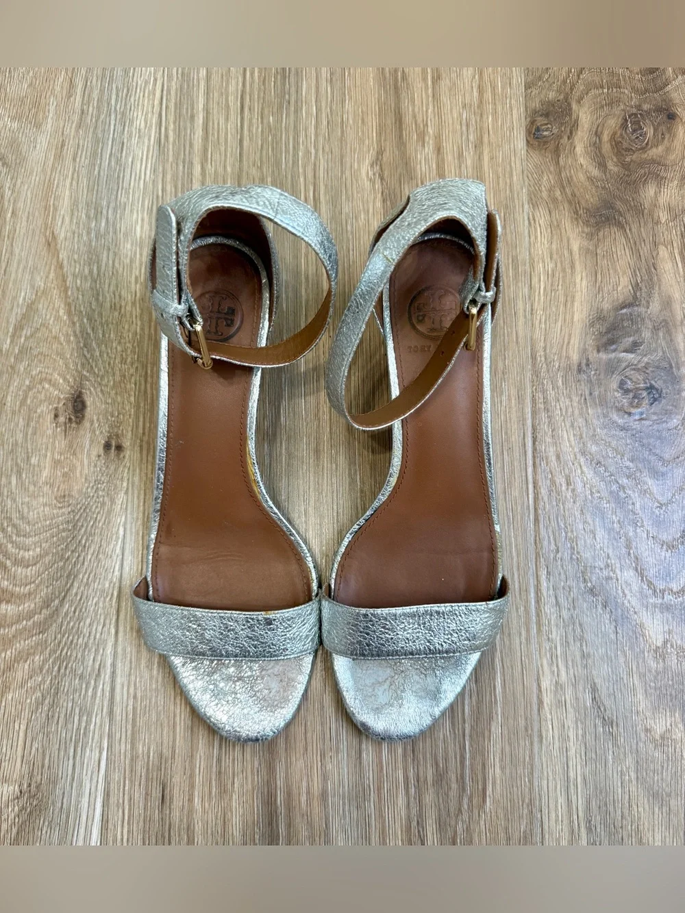 Tory Burch Metallic Leather Cork Wedge Ankle Strap Sandals Size 7M